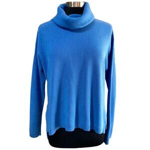 Lou & Grey Blue 100% Cashmere Turtleneck Sweater High Low Hemline Size Small